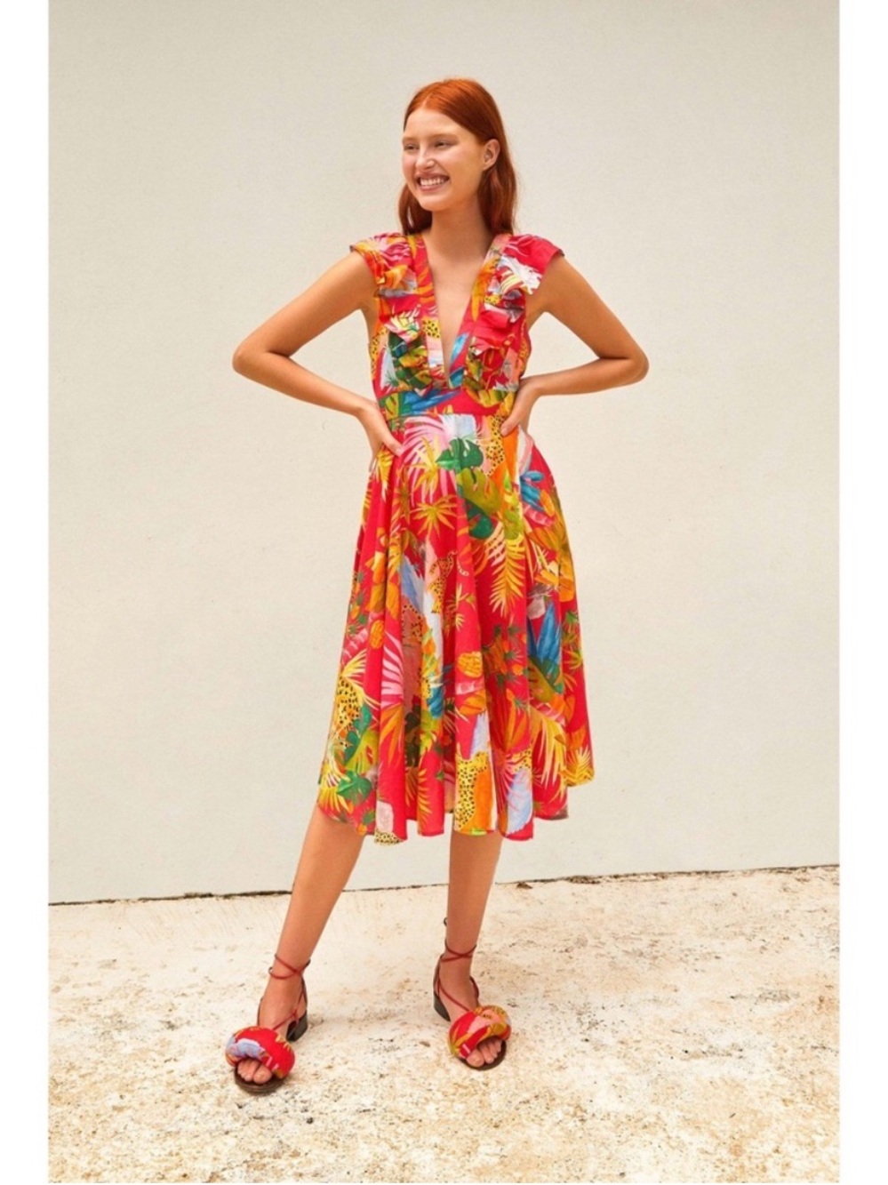 FARM Rio - Tropical Jungle V-Neck Midi Dress w/Ruffle Cap Sleeves